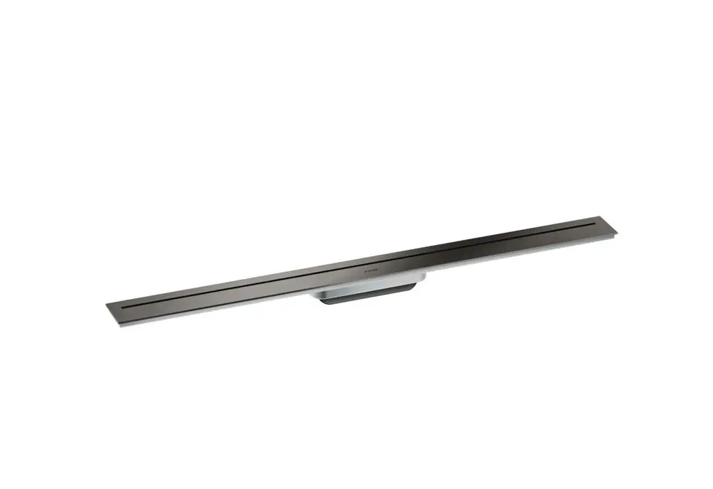 Drain Fertigset Duschrinne in poliertem Schwarzchrom, hergestellt von AXOR, mit flachen Linien und schlankem Design zur Integration in moderne Badezimmer.